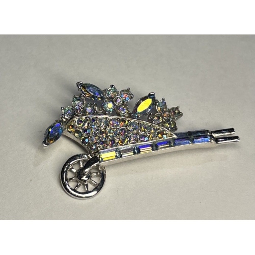 Vintage Pell Rhodium‎ aurora borealis Rhinestone Wheelbarrow  Brooch Pin 2"
